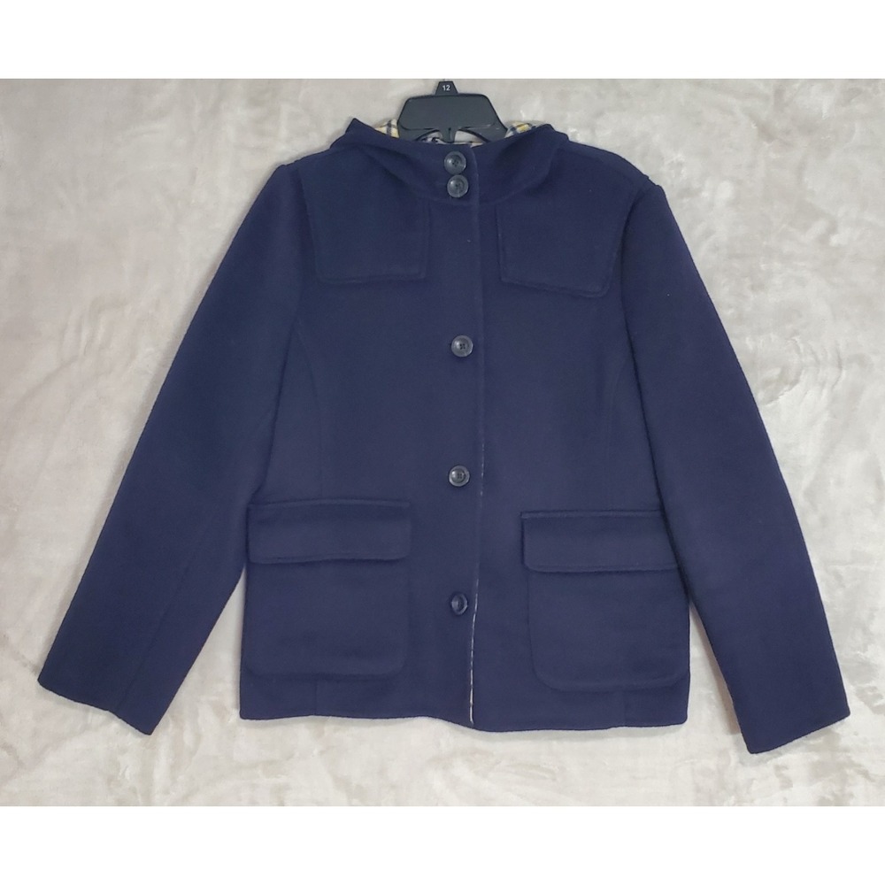 Lands End Coat Women's 12 Wool Blend Button Front Hooded Plaid Lining Navy EUC